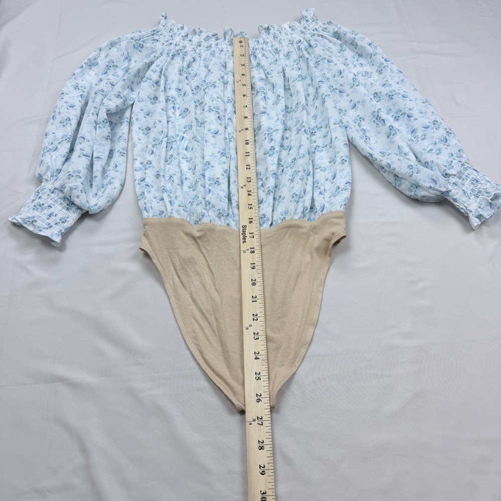Wayf Blue and White off shoulder Top w/bodysuit - Picture 3 of 9